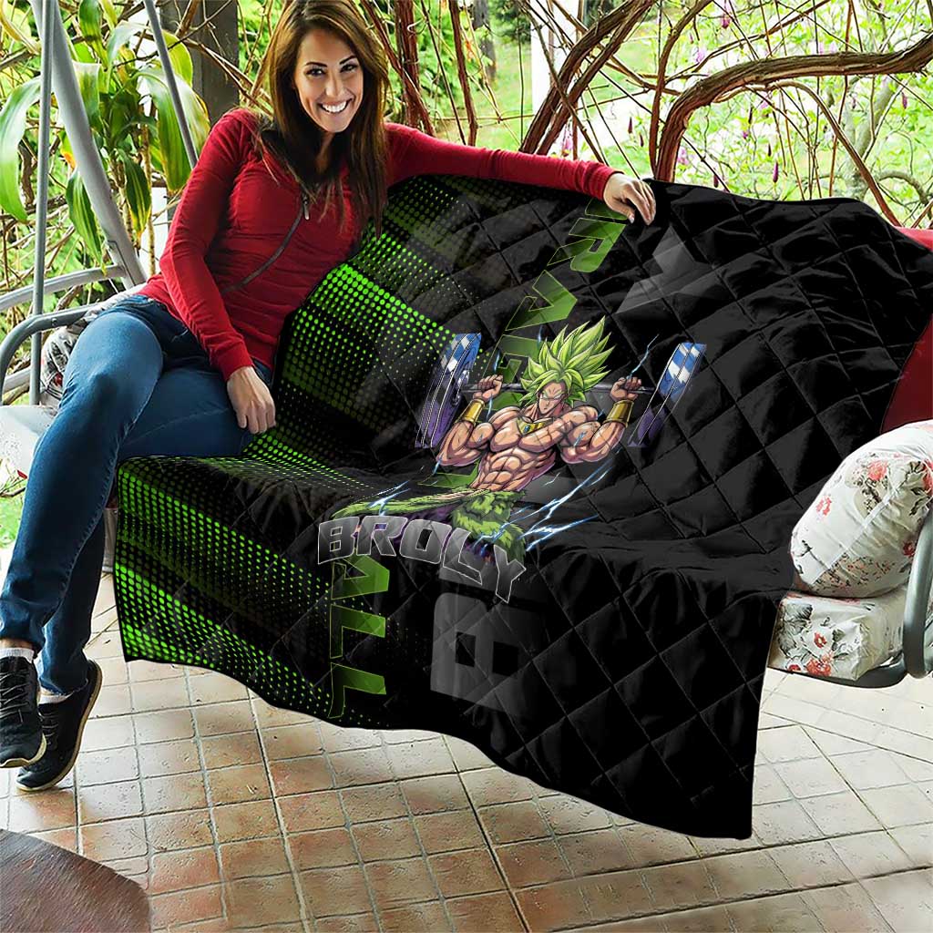 Broly Gym Theme Black and Green Design Quilt with Powerlifting Pose and Electrified Muscle Artwork - The Mazicc