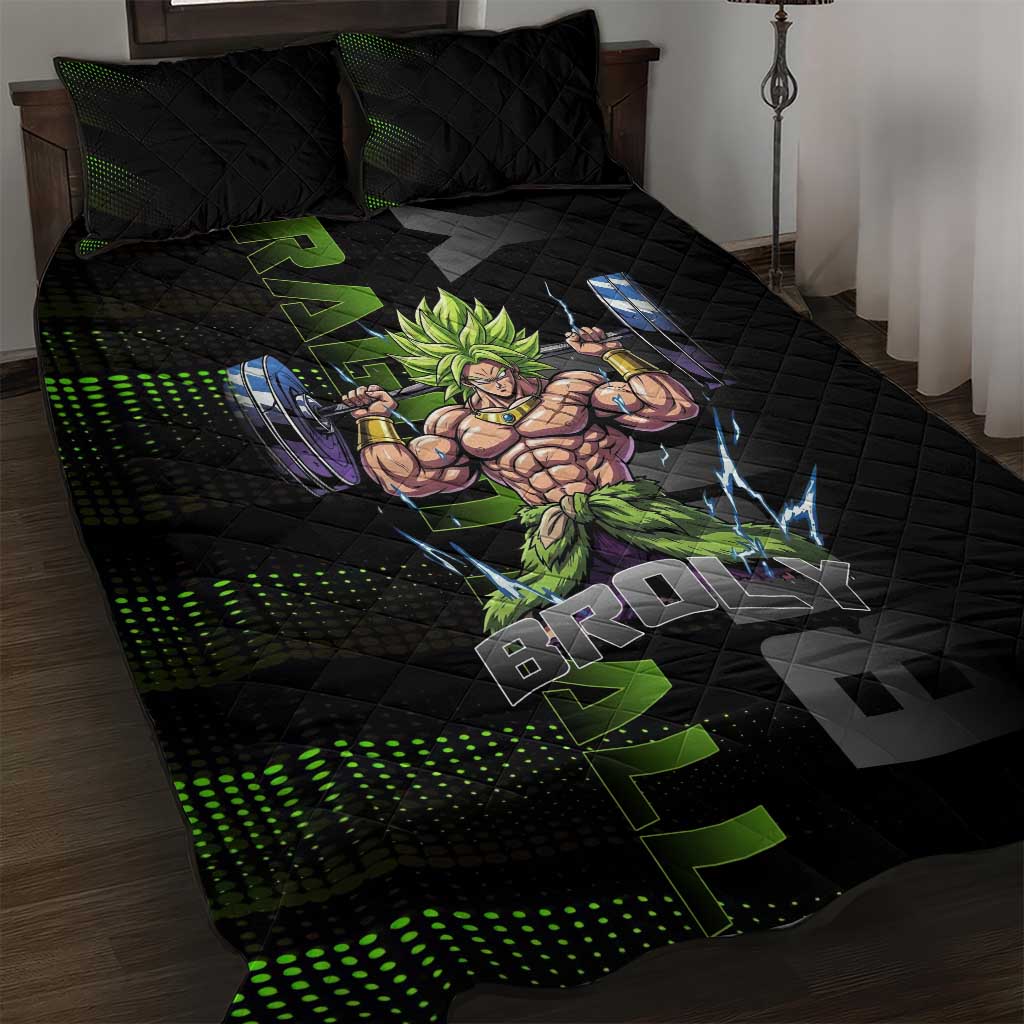 Broly Gym Theme Black and Green Design Quilt Bed Set with Powerlifting Pose and Electrified Muscle Artwork - The Mazicc
