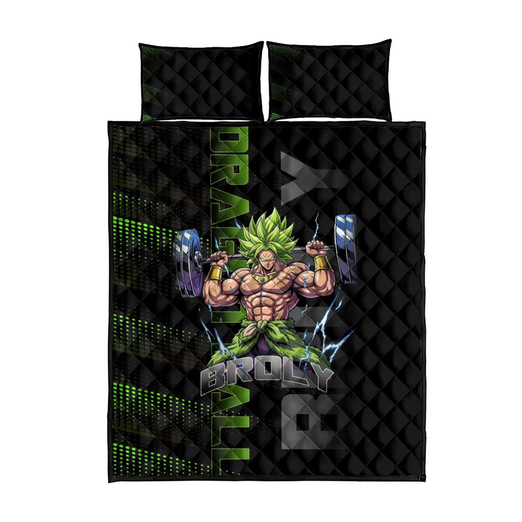 Broly Gym Theme Black and Green Design Quilt Bed Set with Powerlifting Pose and Electrified Muscle Artwork - The Mazicc