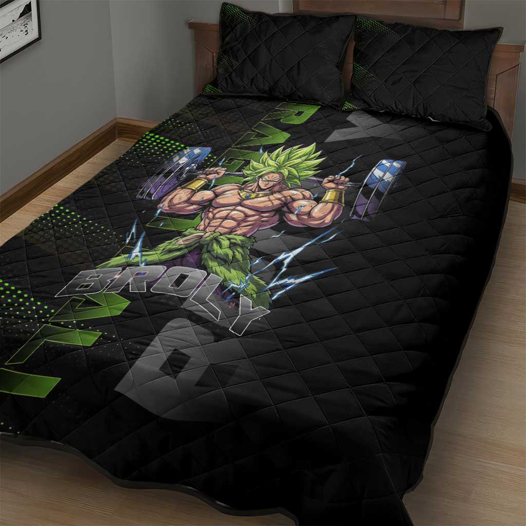 Broly Gym Theme Black and Green Design Quilt Bed Set with Powerlifting Pose and Electrified Muscle Artwork - The Mazicc