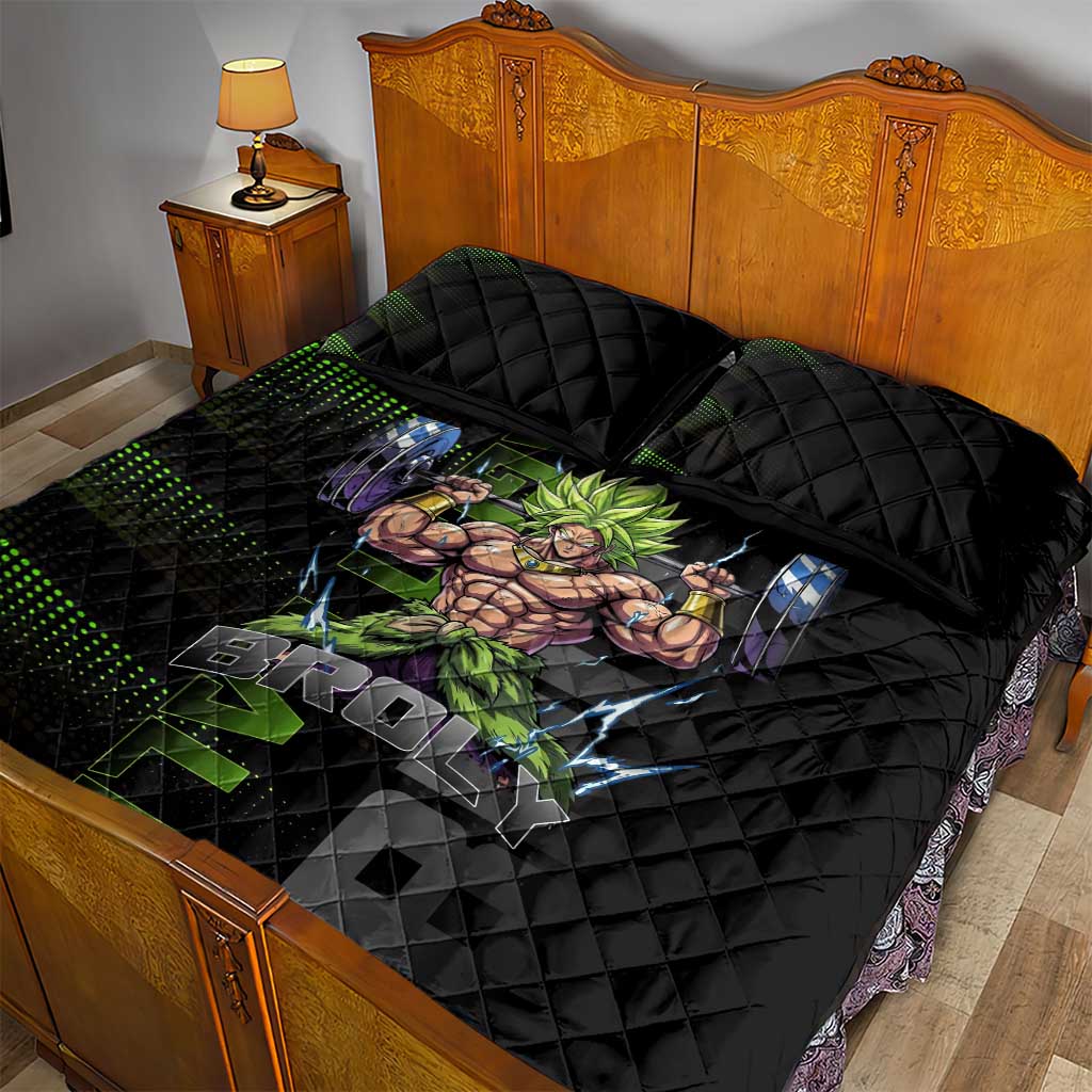 Broly Gym Theme Black and Green Design Quilt Bed Set with Powerlifting Pose and Electrified Muscle Artwork - The Mazicc