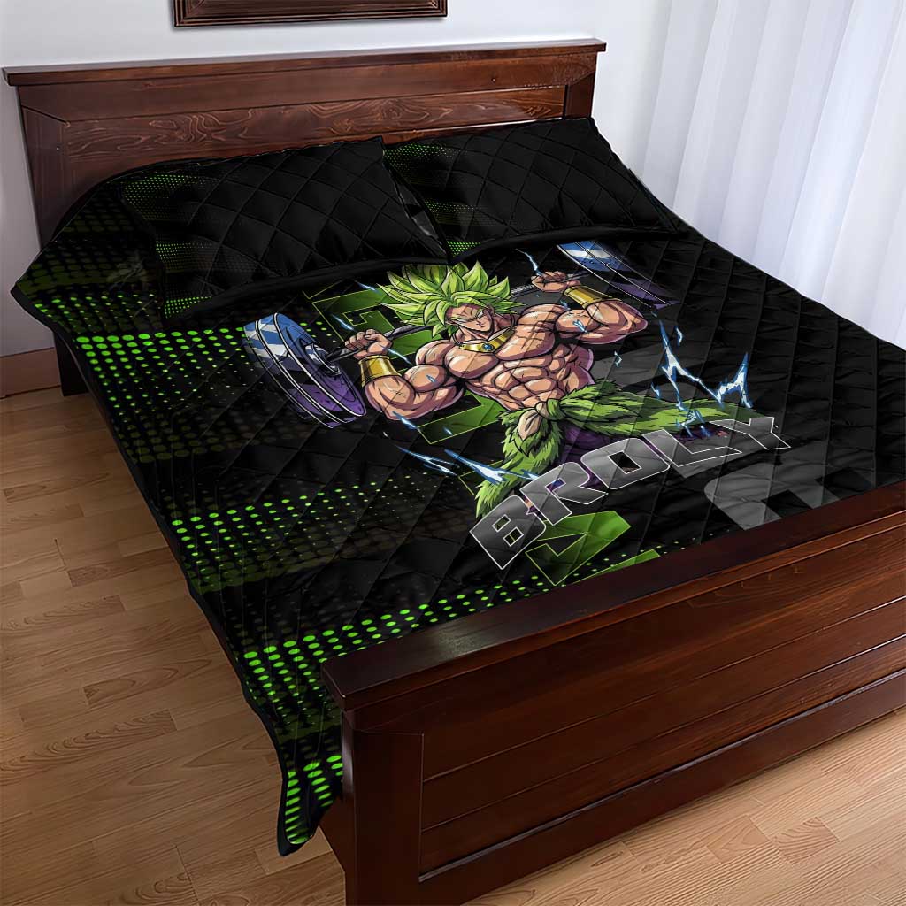 Broly Gym Theme Black and Green Design Quilt Bed Set with Powerlifting Pose and Electrified Muscle Artwork - The Mazicc