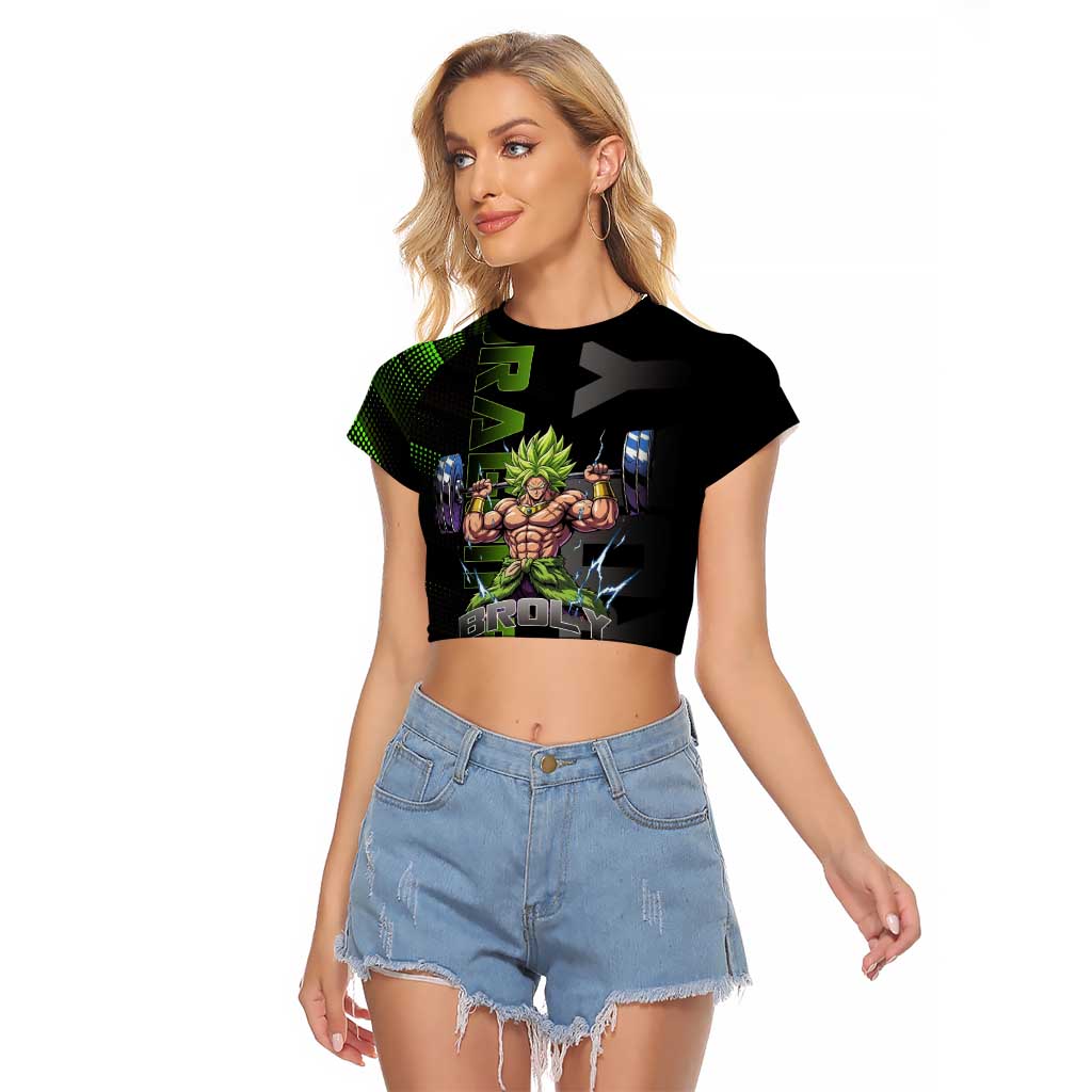 Broly Gym Theme Black and Green Design Raglan Cropped T Shirt with Powerlifting Pose and Electrified Muscle Artwork - The Mazicc