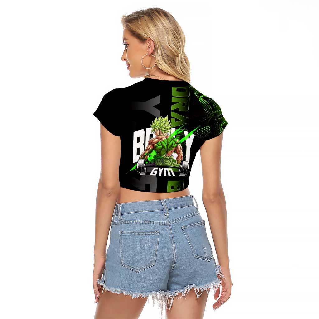 Broly Gym Theme Black and Green Design Raglan Cropped T Shirt with Powerlifting Pose and Electrified Muscle Artwork - The Mazicc