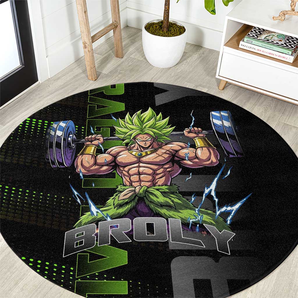 Broly Gym Theme Black and Green Design Round Carpet with Powerlifting Pose and Electrified Muscle Artwork - The Mazicc