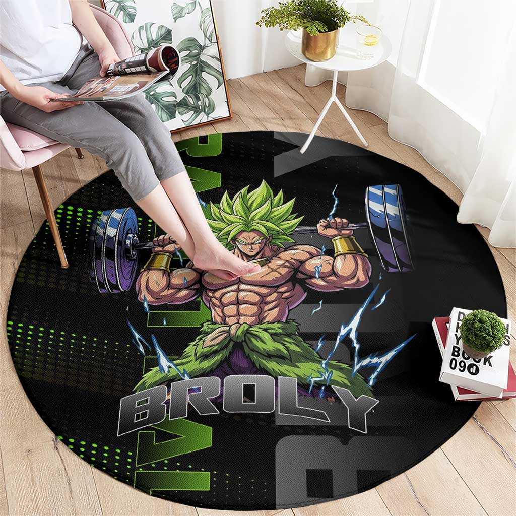 Broly Gym Theme Black and Green Design Round Carpet with Powerlifting Pose and Electrified Muscle Artwork - The Mazicc