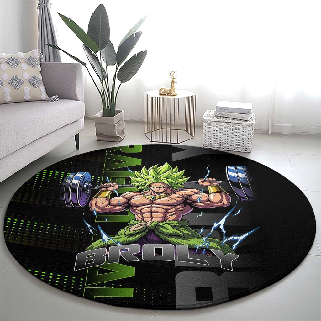 Broly Gym Theme Black and Green Design Round Carpet with Powerlifting Pose and Electrified Muscle Artwork - The Mazicc