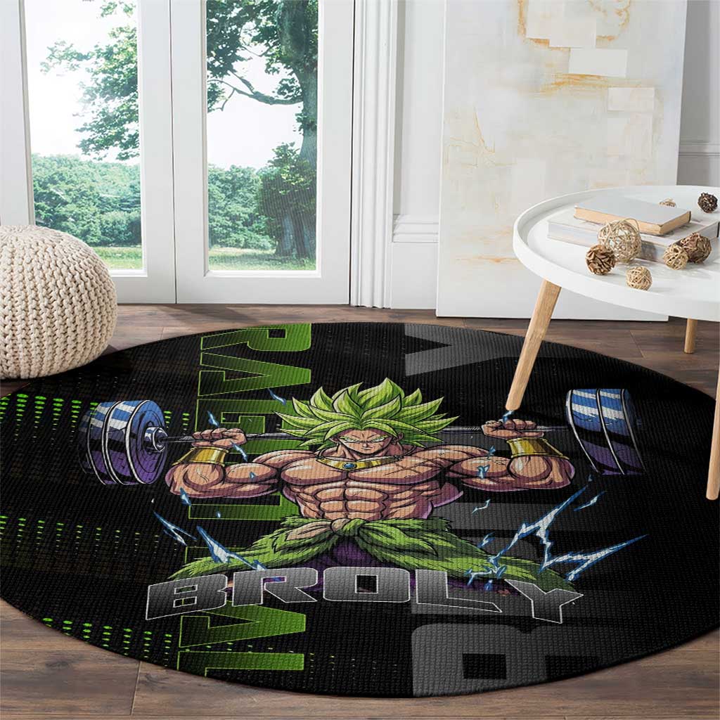 Broly Gym Theme Black and Green Design Round Carpet with Powerlifting Pose and Electrified Muscle Artwork - The Mazicc