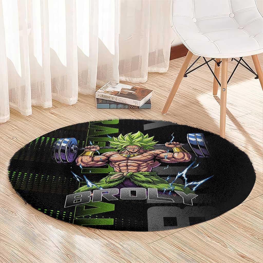 Broly Gym Theme Black and Green Design Round Carpet with Powerlifting Pose and Electrified Muscle Artwork - The Mazicc