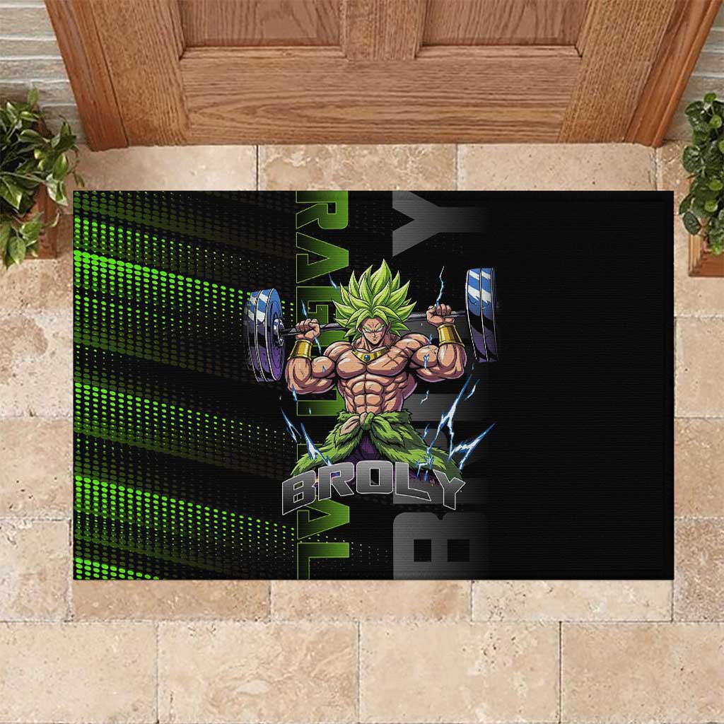 Broly Gym Theme Black and Green Design Rubber Doormat with Powerlifting Pose and Electrified Muscle Artwork - The Mazicc