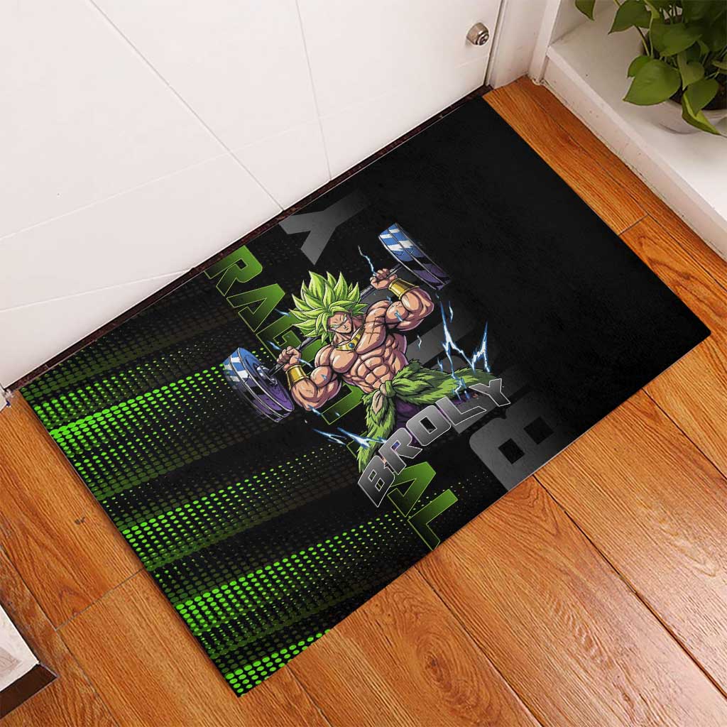 Broly Gym Theme Black and Green Design Rubber Doormat with Powerlifting Pose and Electrified Muscle Artwork - The Mazicc