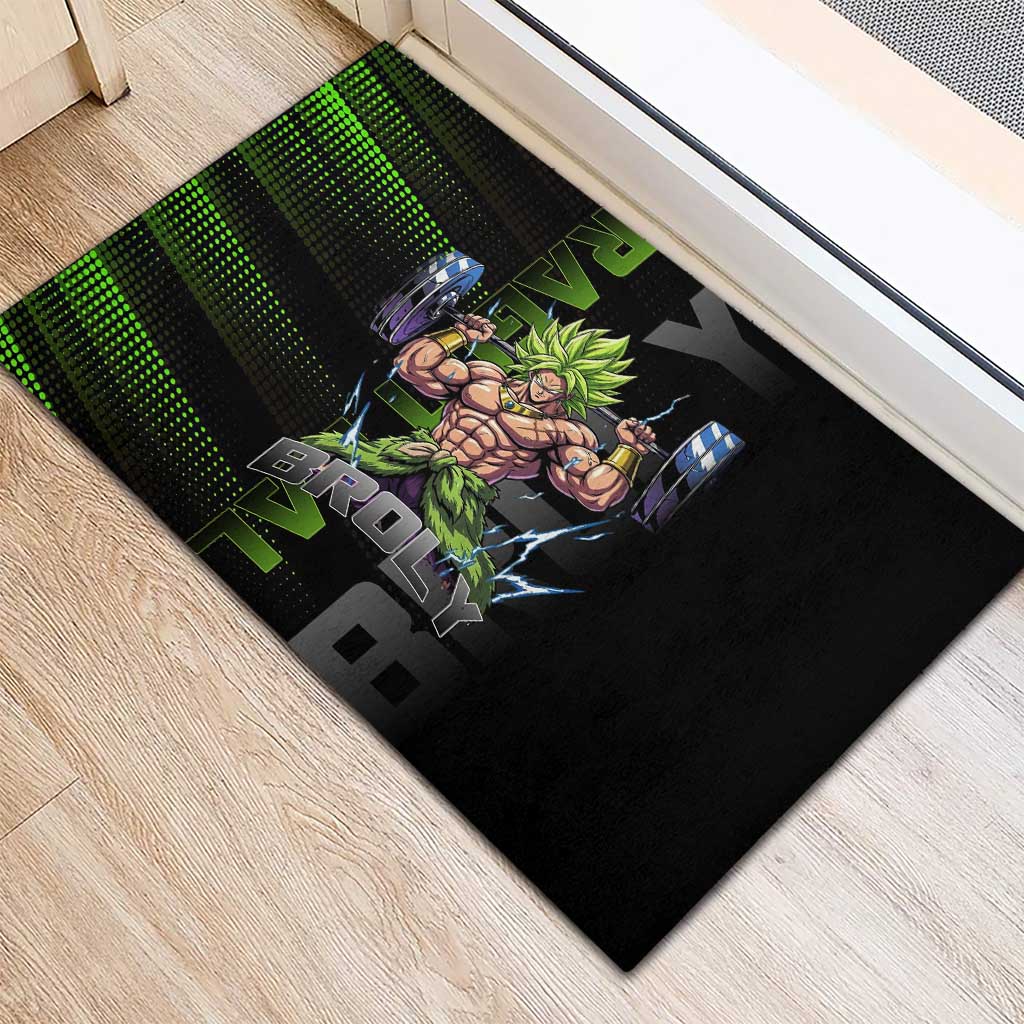 Broly Gym Theme Black and Green Design Rubber Doormat with Powerlifting Pose and Electrified Muscle Artwork - The Mazicc