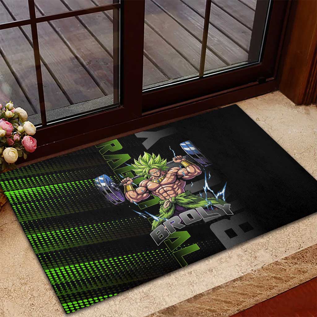Broly Gym Theme Black and Green Design Rubber Doormat with Powerlifting Pose and Electrified Muscle Artwork - The Mazicc
