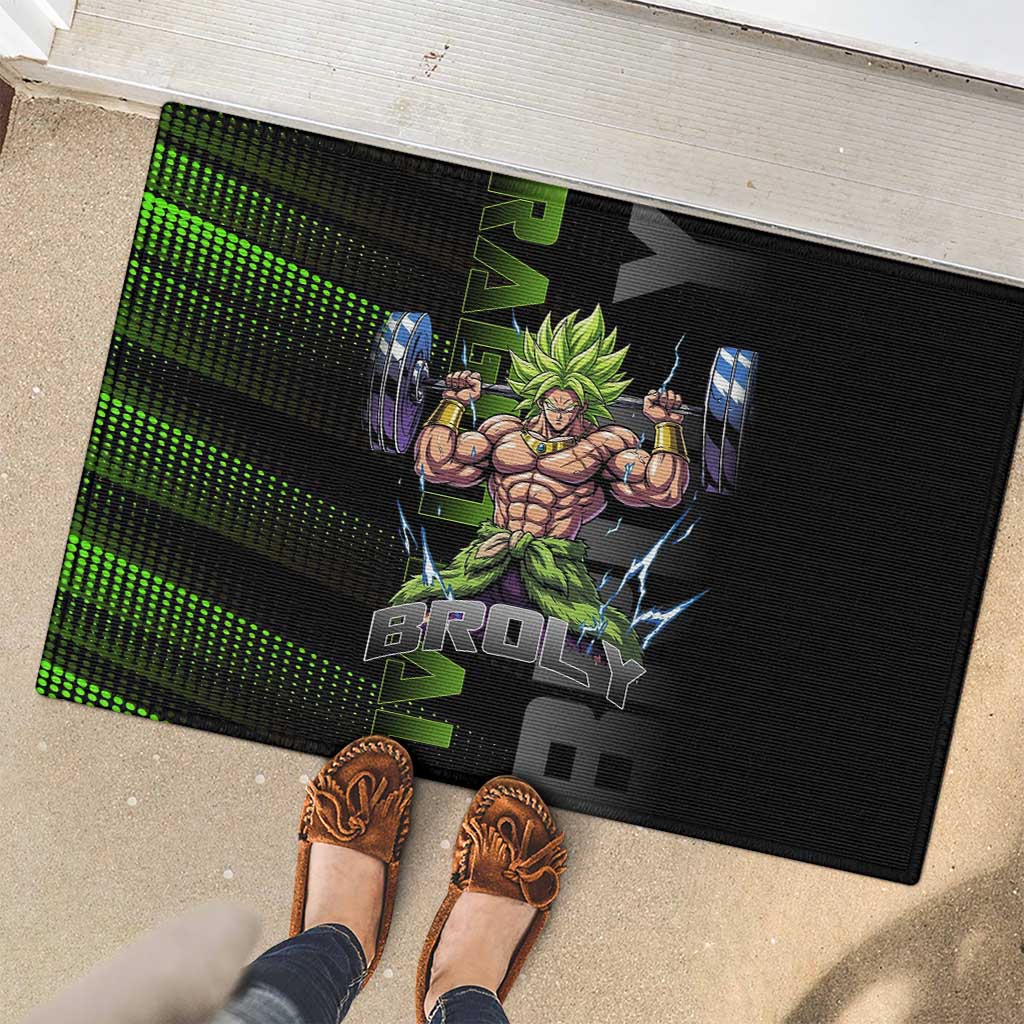 Broly Gym Theme Black and Green Design Rubber Doormat with Powerlifting Pose and Electrified Muscle Artwork - The Mazicc