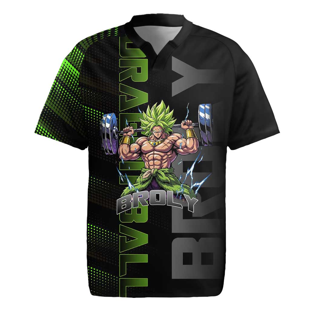 Broly Gym Theme Black and Green Design Rugby Jersey with Powerlifting Pose and Electrified Muscle Artwork - The Mazicc