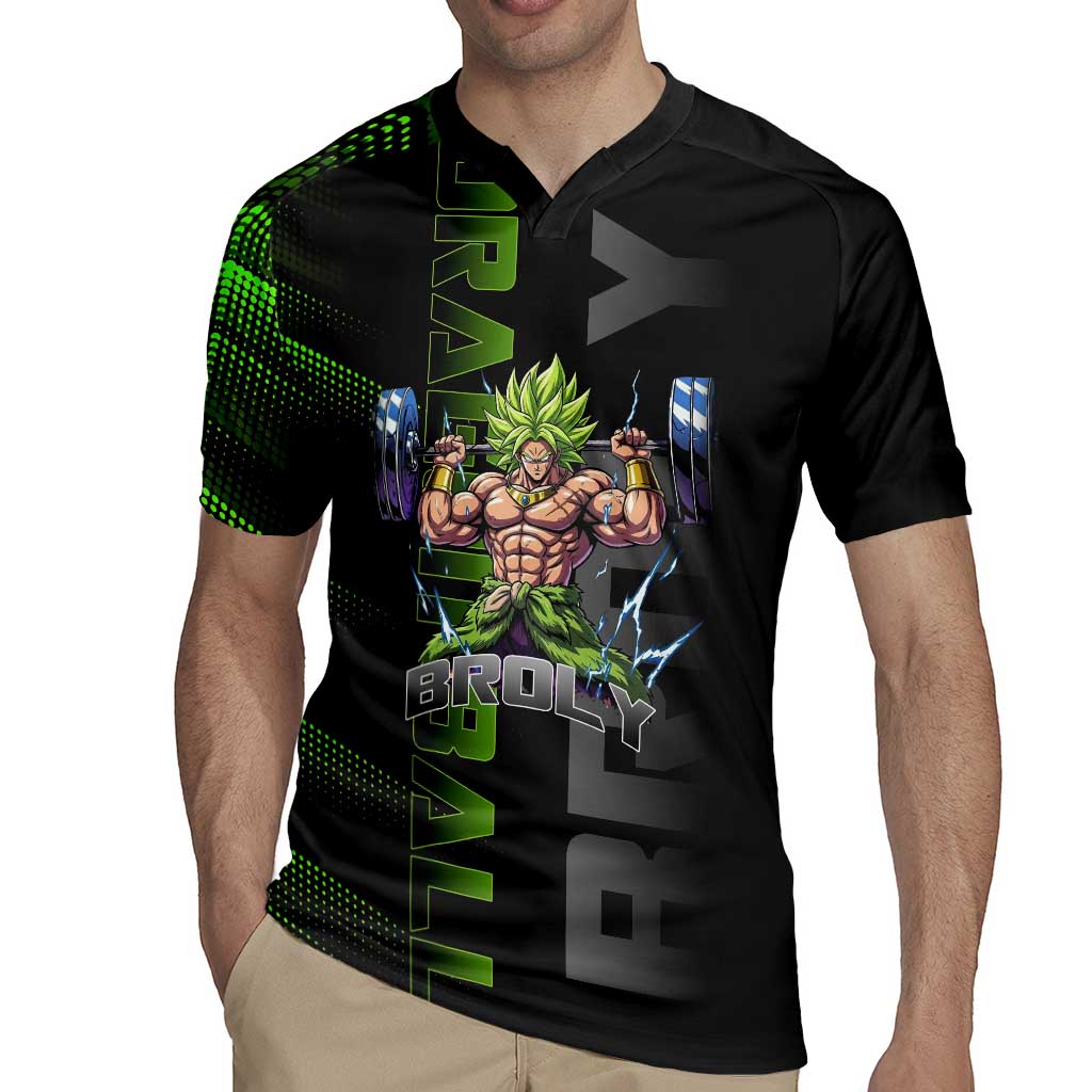 Broly Gym Theme Black and Green Design Rugby Jersey with Powerlifting Pose and Electrified Muscle Artwork - The Mazicc