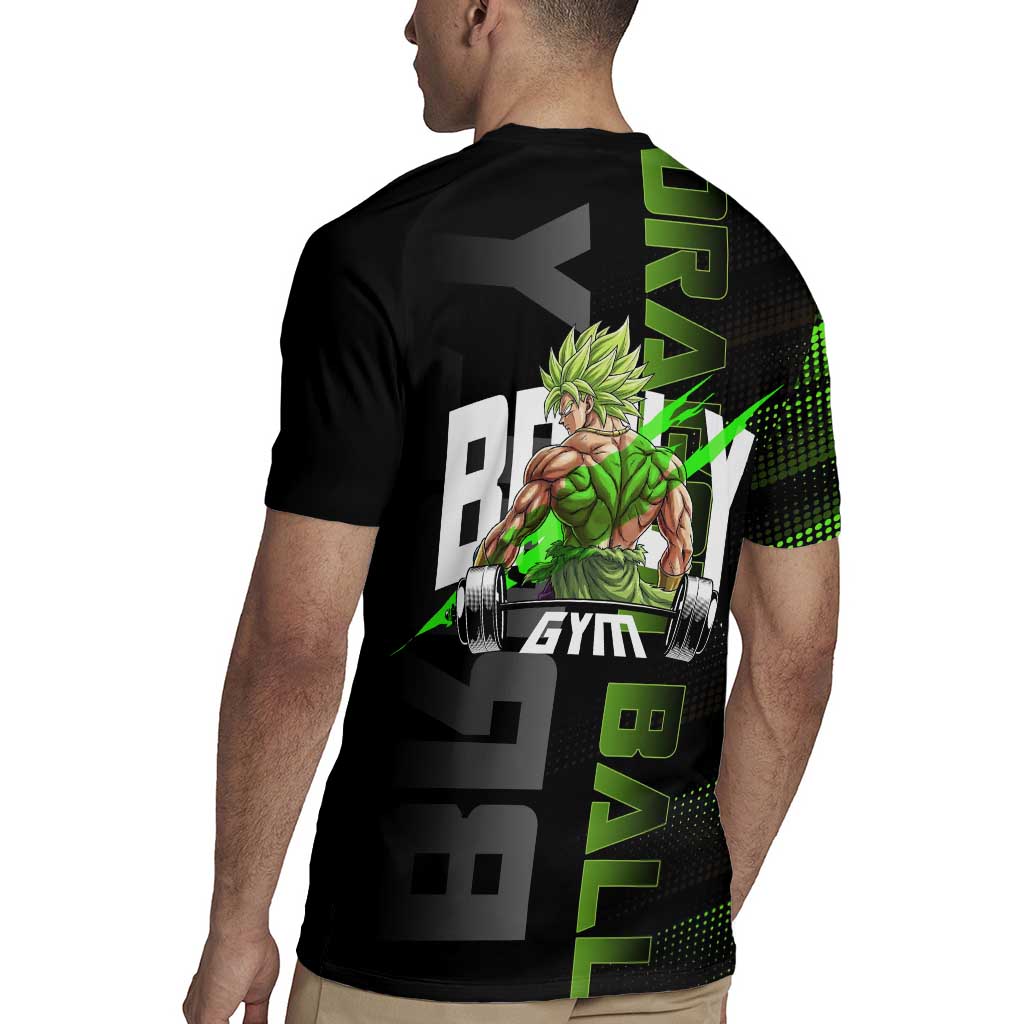 Broly Gym Theme Black and Green Design Rugby Jersey with Powerlifting Pose and Electrified Muscle Artwork - The Mazicc