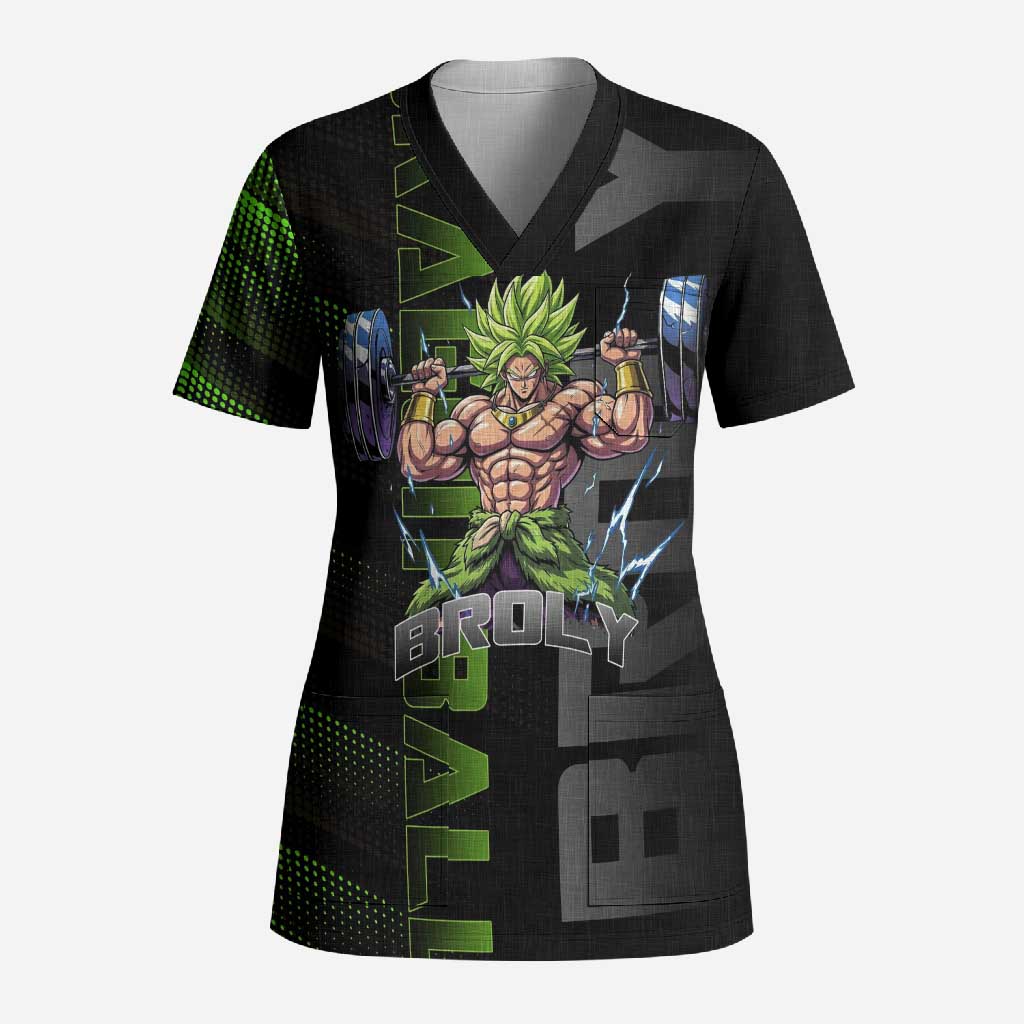 Broly Gym Theme Black and Green Design Scrub Top with Powerlifting Pose and Electrified Muscle Artwork - The Mazicc