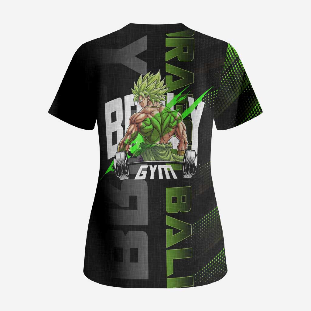 Broly Gym Theme Black and Green Design Scrub Top with Powerlifting Pose and Electrified Muscle Artwork - The Mazicc
