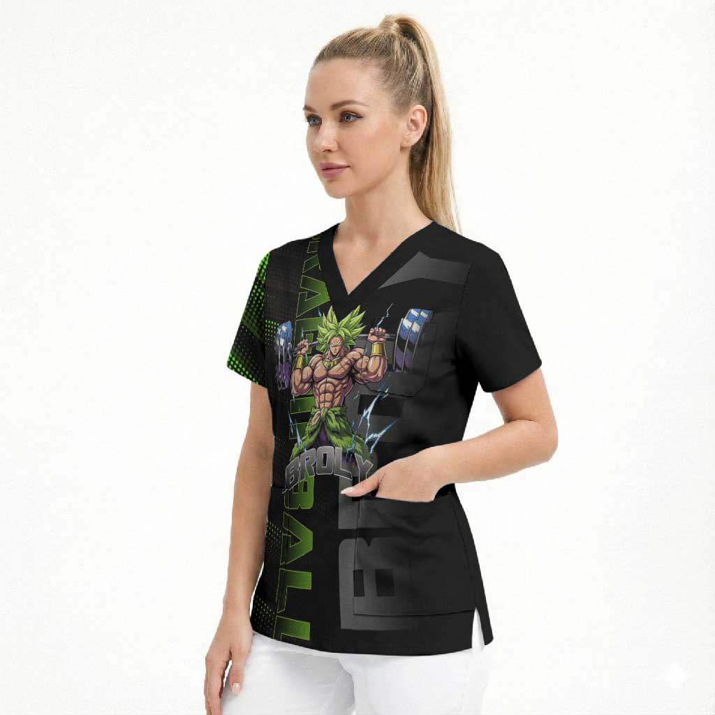 Broly Gym Theme Black and Green Design Scrub Top with Powerlifting Pose and Electrified Muscle Artwork - The Mazicc