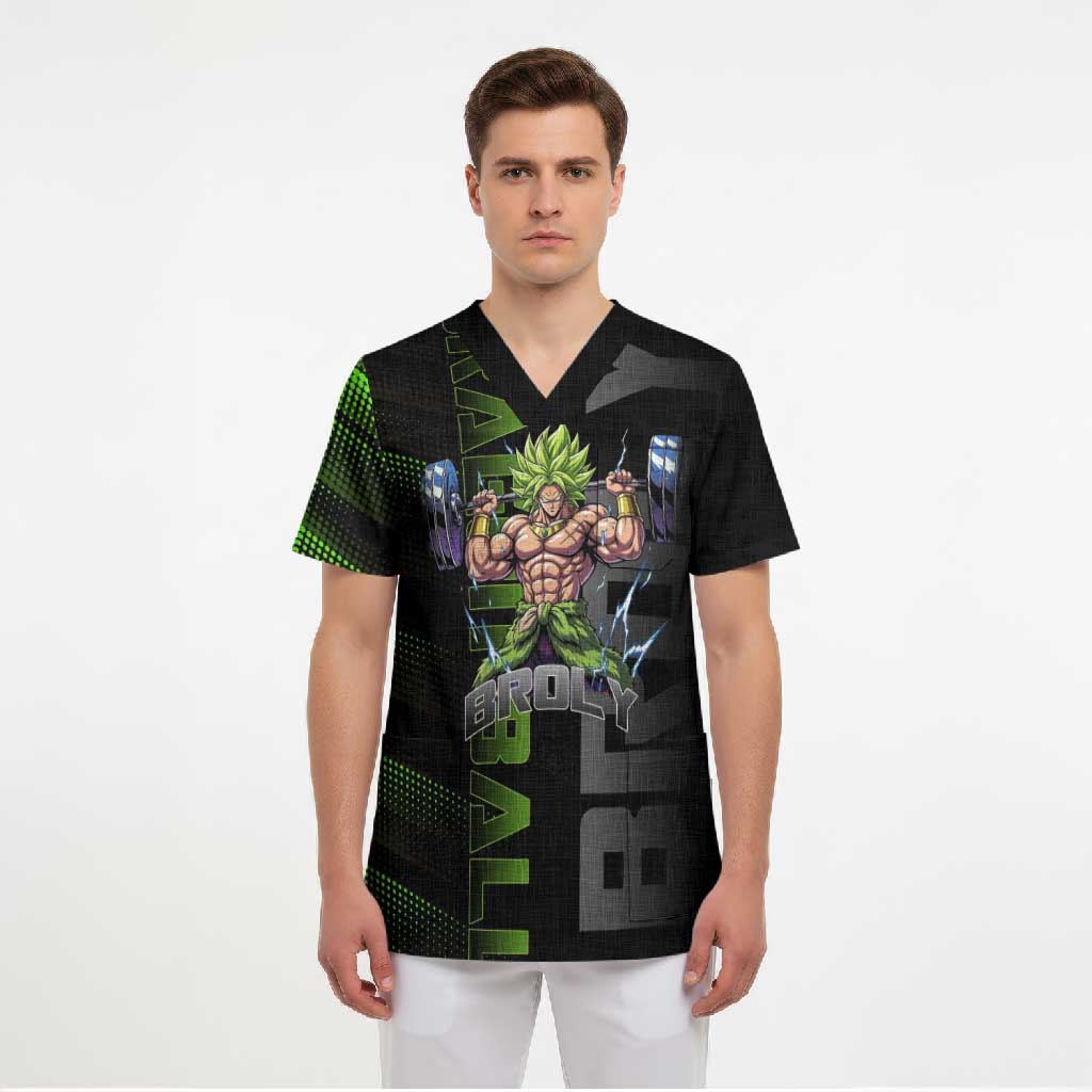 Broly Gym Theme Black and Green Design Scrub Top with Powerlifting Pose and Electrified Muscle Artwork - The Mazicc