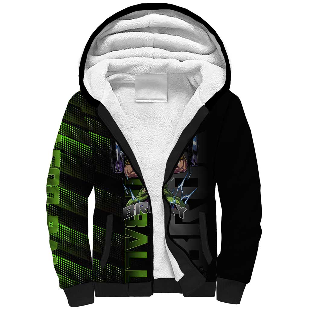 Broly Gym Theme Black and Green Design Sherpa Hoodie with Powerlifting Pose and Electrified Muscle Artwork - The Mazicc