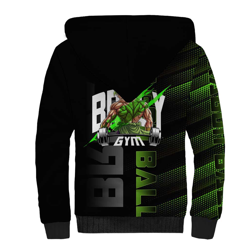Broly Gym Theme Black and Green Design Sherpa Hoodie with Powerlifting Pose and Electrified Muscle Artwork - The Mazicc