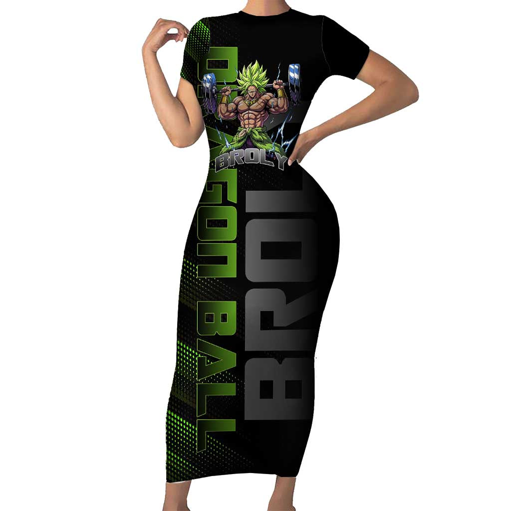 Broly Gym Theme Black and Green Design Short Sleeve Bodycon Dress with Powerlifting Pose and Electrified Muscle Artwork - The Mazicc