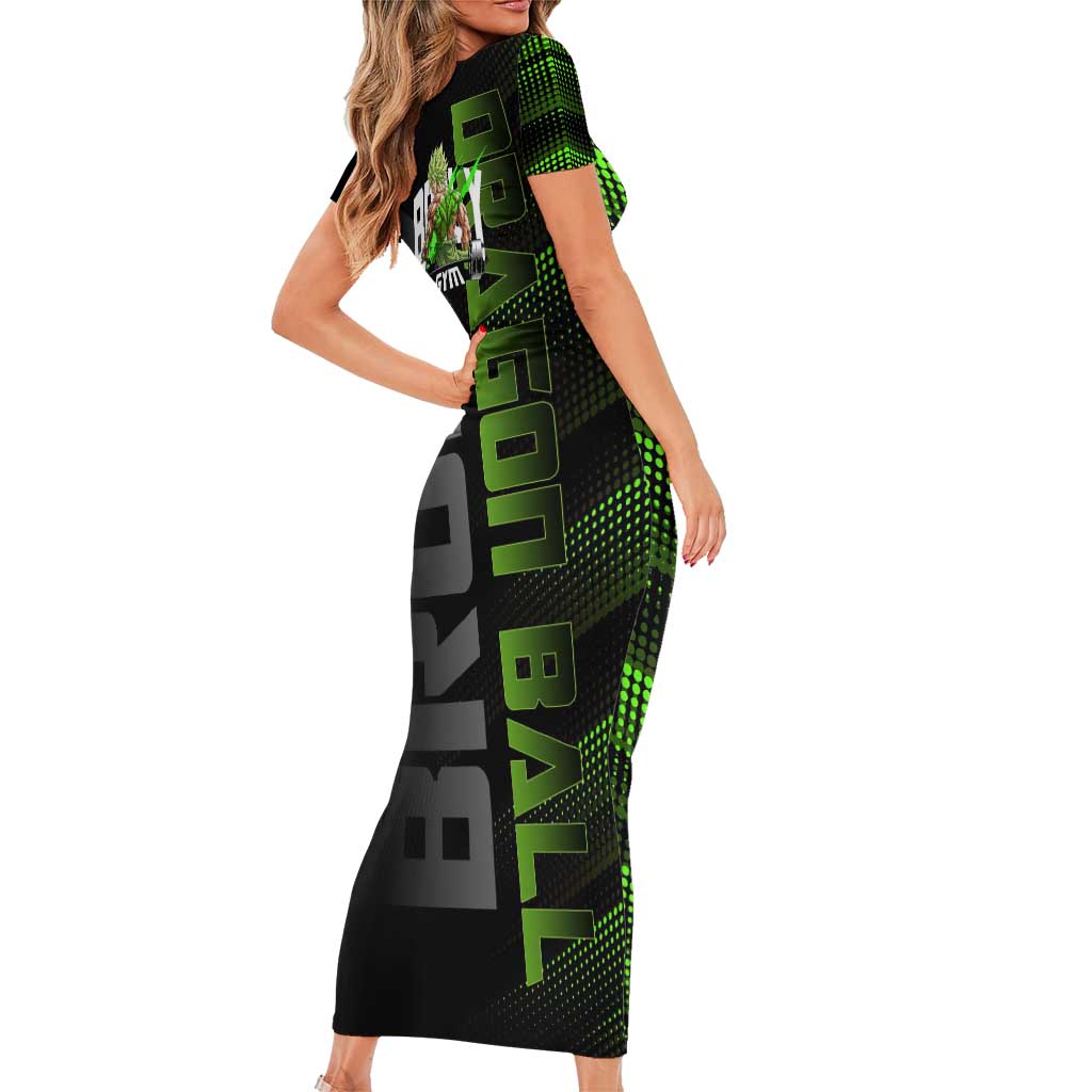Broly Gym Theme Black and Green Design Short Sleeve Bodycon Dress with Powerlifting Pose and Electrified Muscle Artwork - The Mazicc
