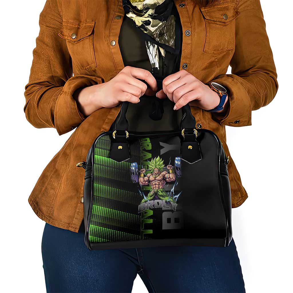 Broly Gym Theme Black and Green Design Shoulder Handbag with Powerlifting Pose and Electrified Muscle Artwork - The Mazicc