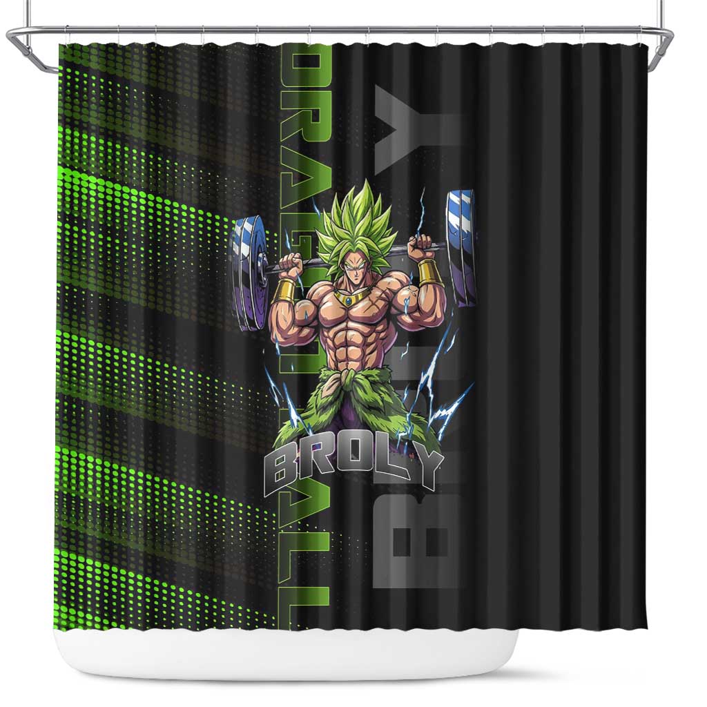 Broly Gym Theme Black and Green Design Shower Curtain with Powerlifting Pose and Electrified Muscle Artwork - The Mazicc