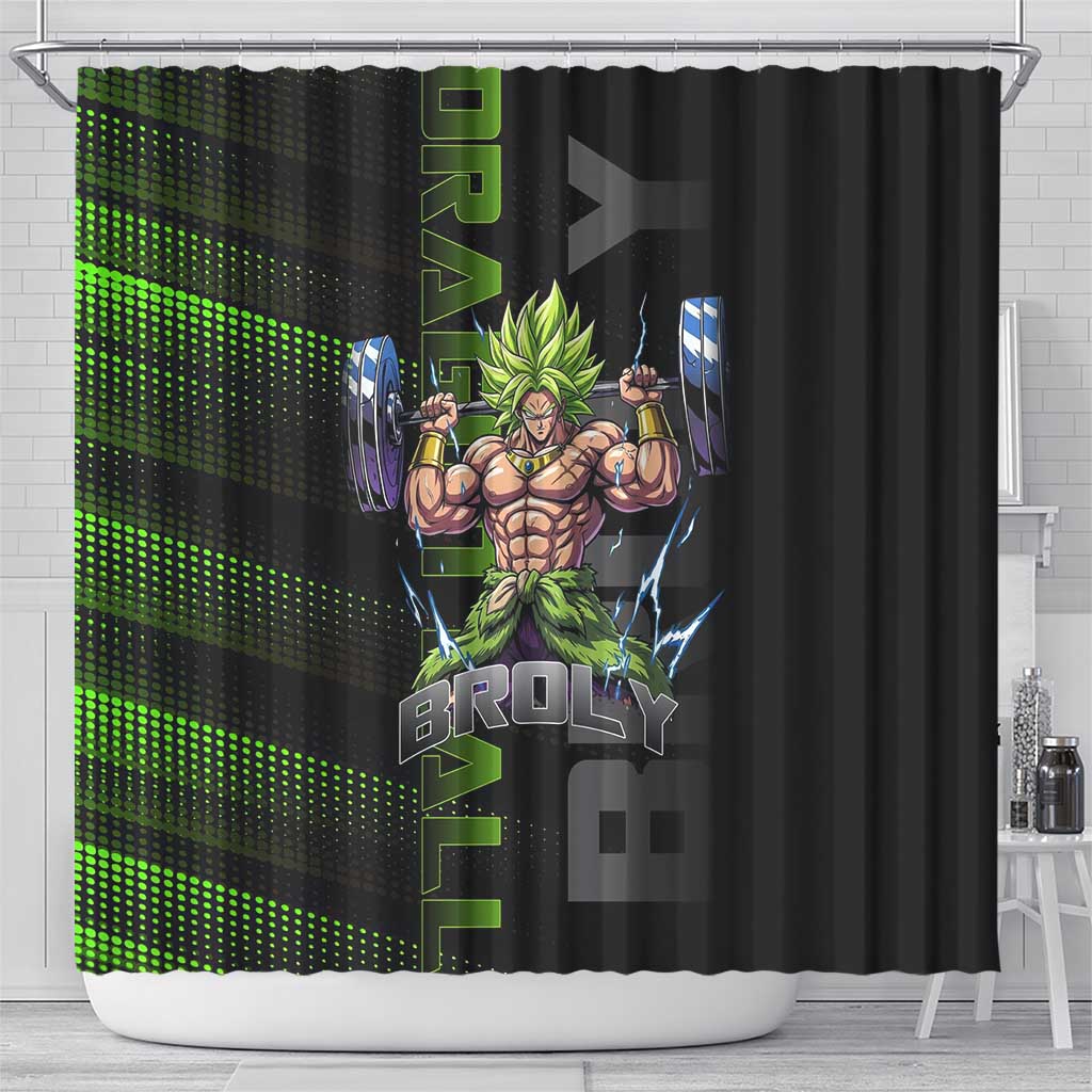 Broly Gym Theme Black and Green Design Shower Curtain with Powerlifting Pose and Electrified Muscle Artwork - The Mazicc