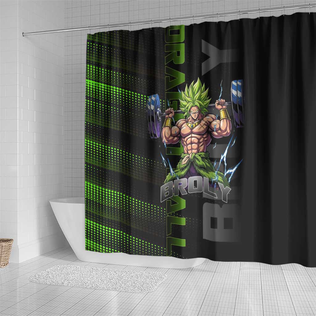 Broly Gym Theme Black and Green Design Shower Curtain with Powerlifting Pose and Electrified Muscle Artwork - The Mazicc