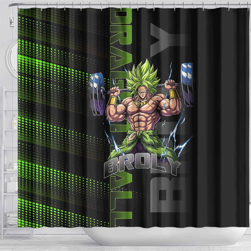 Broly Gym Theme Black and Green Design Shower Curtain with Powerlifting Pose and Electrified Muscle Artwork - The Mazicc