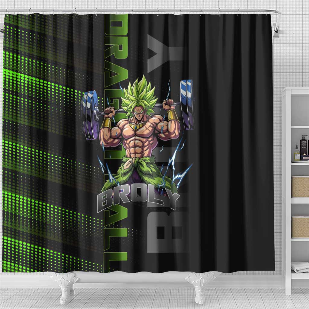 Broly Gym Theme Black and Green Design Shower Curtain with Powerlifting Pose and Electrified Muscle Artwork - The Mazicc