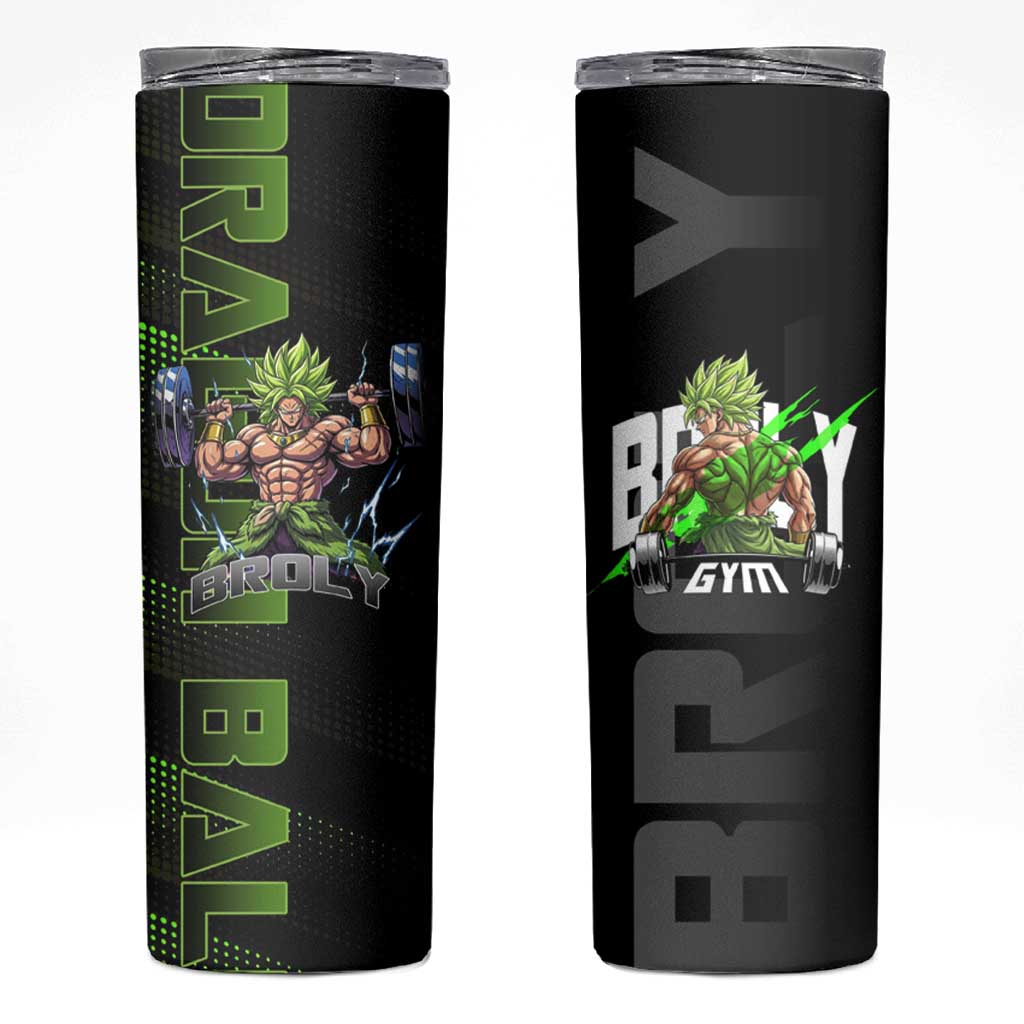 Broly Gym Theme Black and Green Design Skinny Tumbler with Powerlifting Pose and Electrified Muscle Artwork - The Mazicc