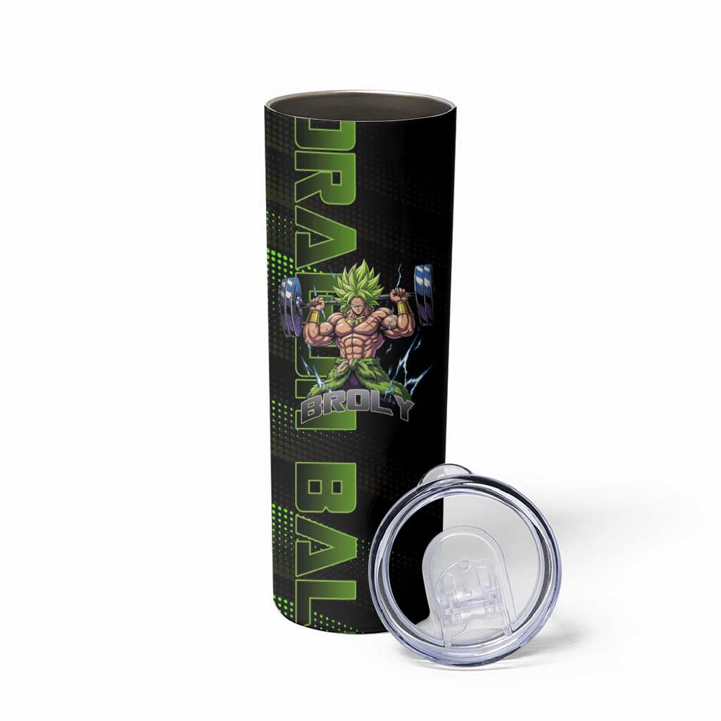 Broly Gym Theme Black and Green Design Skinny Tumbler with Powerlifting Pose and Electrified Muscle Artwork - The Mazicc