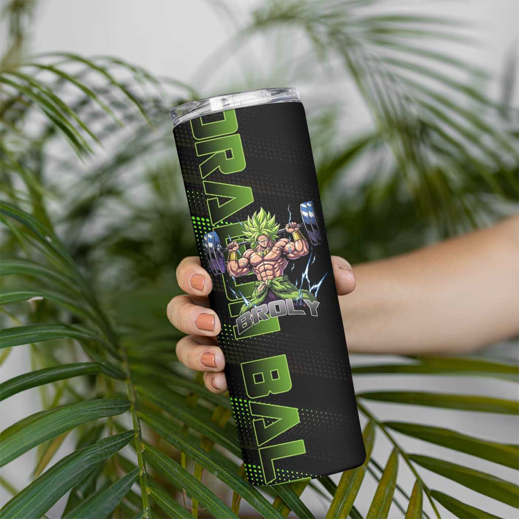 Broly Gym Theme Black and Green Design Skinny Tumbler with Powerlifting Pose and Electrified Muscle Artwork - The Mazicc