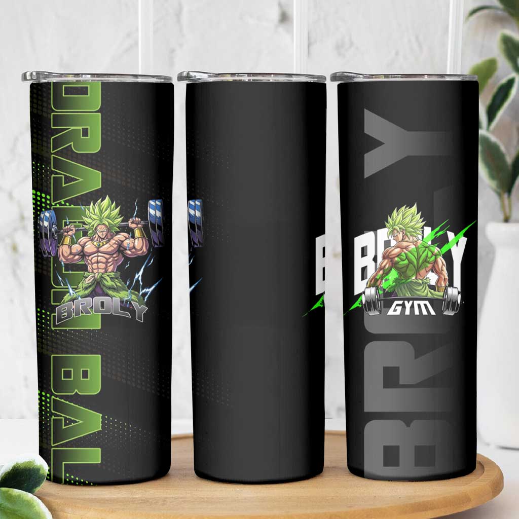 Broly Gym Theme Black and Green Design Skinny Tumbler with Powerlifting Pose and Electrified Muscle Artwork - The Mazicc