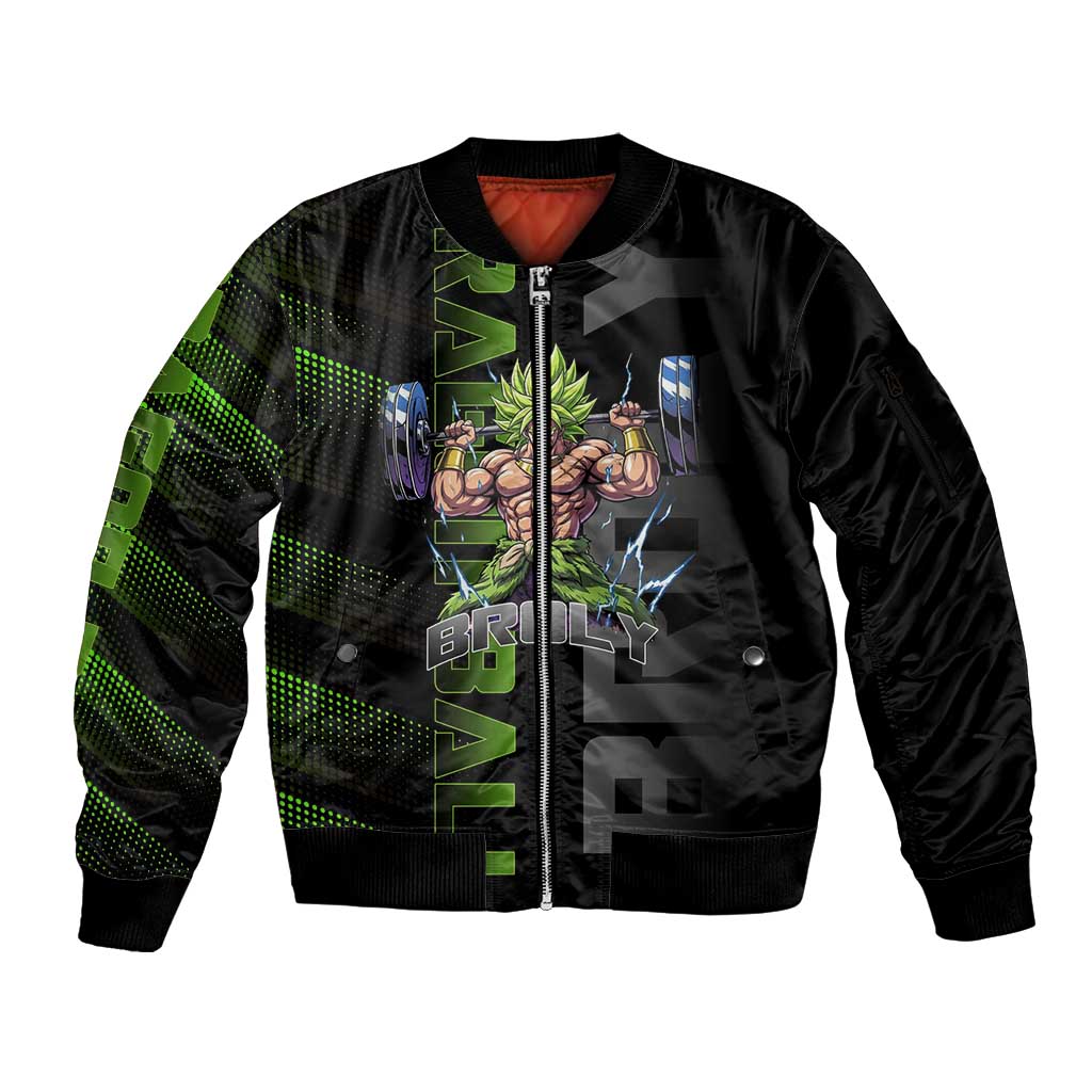Broly Gym Theme Black and Green Design Sleeve Zip Bomber Jacket with Powerlifting Pose and Electrified Muscle Artwork - The Mazicc