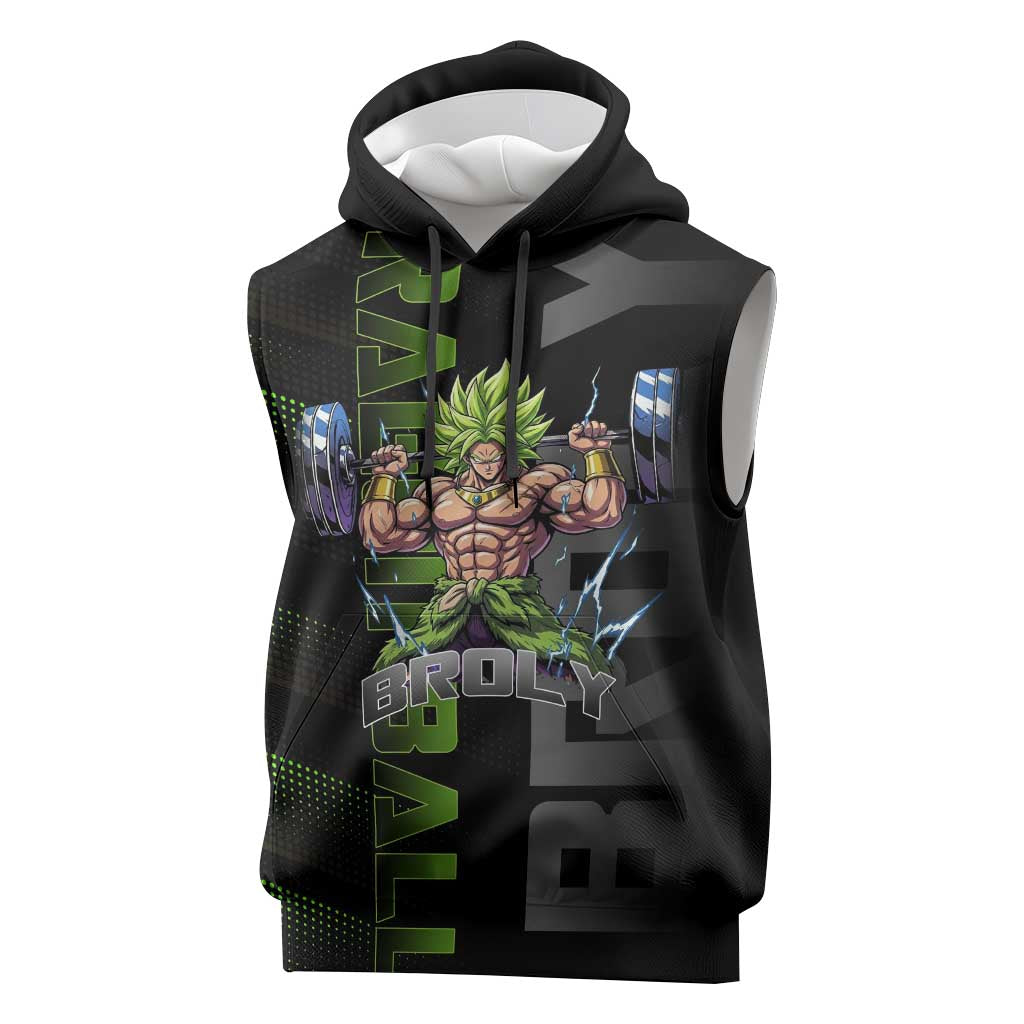 Broly Gym Theme Black and Green Design Sleeveless Hoodie with Powerlifting Pose and Electrified Muscle Artwork - The Mazicc