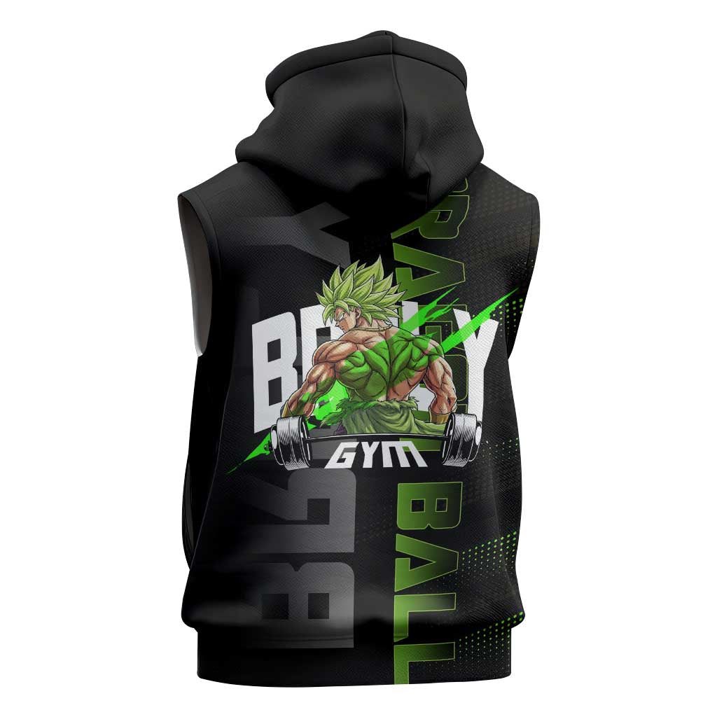 Broly Gym Theme Black and Green Design Sleeveless Hoodie with Powerlifting Pose and Electrified Muscle Artwork - The Mazicc