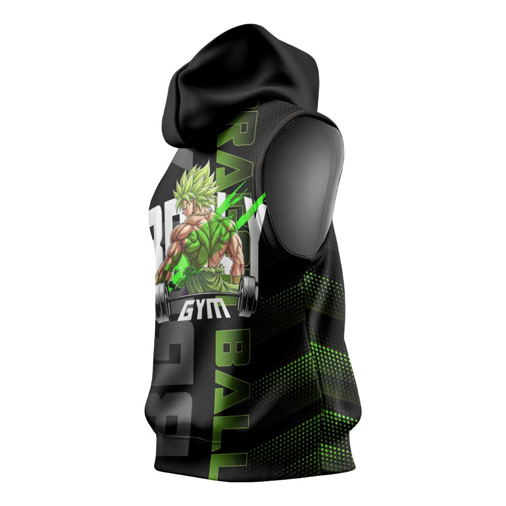 Broly Gym Theme Black and Green Design Sleeveless Hoodie with Powerlifting Pose and Electrified Muscle Artwork - The Mazicc