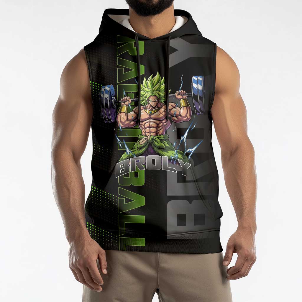 Broly Gym Theme Black and Green Design Sleeveless Hoodie with Powerlifting Pose and Electrified Muscle Artwork - The Mazicc