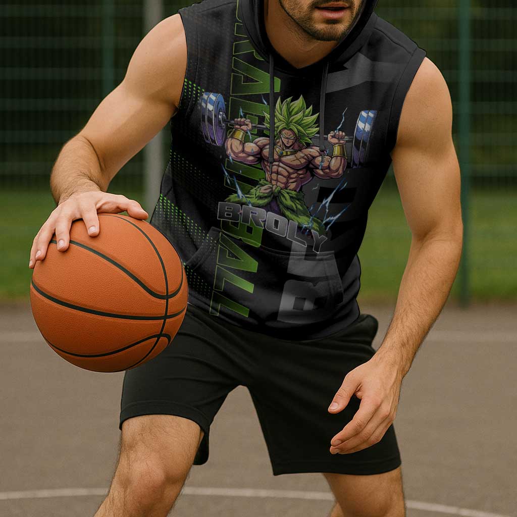 Broly Gym Theme Black and Green Design Sleeveless Hoodie with Powerlifting Pose and Electrified Muscle Artwork - The Mazicc