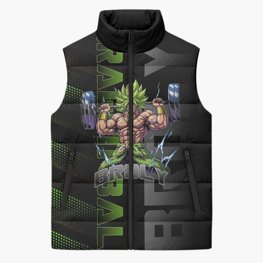 Broly Gym Theme Black and Green Design Sleeveless Puffer Jacket with Powerlifting Pose and Electrified Muscle Artwork - The Mazicc