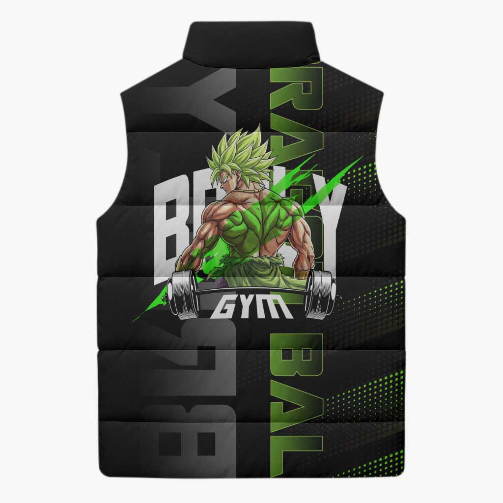 Broly Gym Theme Black and Green Design Sleeveless Puffer Jacket with Powerlifting Pose and Electrified Muscle Artwork - The Mazicc