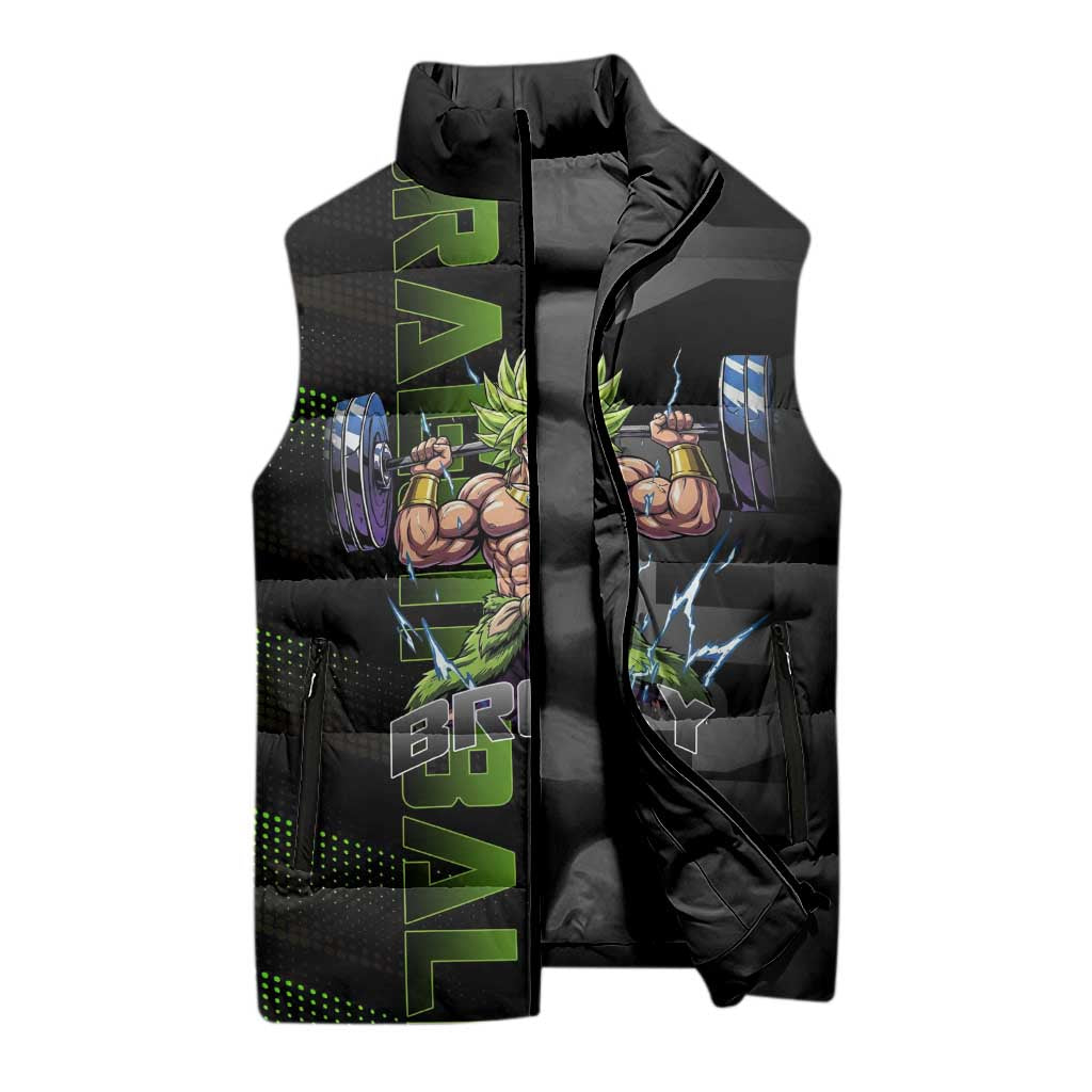 Broly Gym Theme Black and Green Design Sleeveless Puffer Jacket with Powerlifting Pose and Electrified Muscle Artwork - The Mazicc