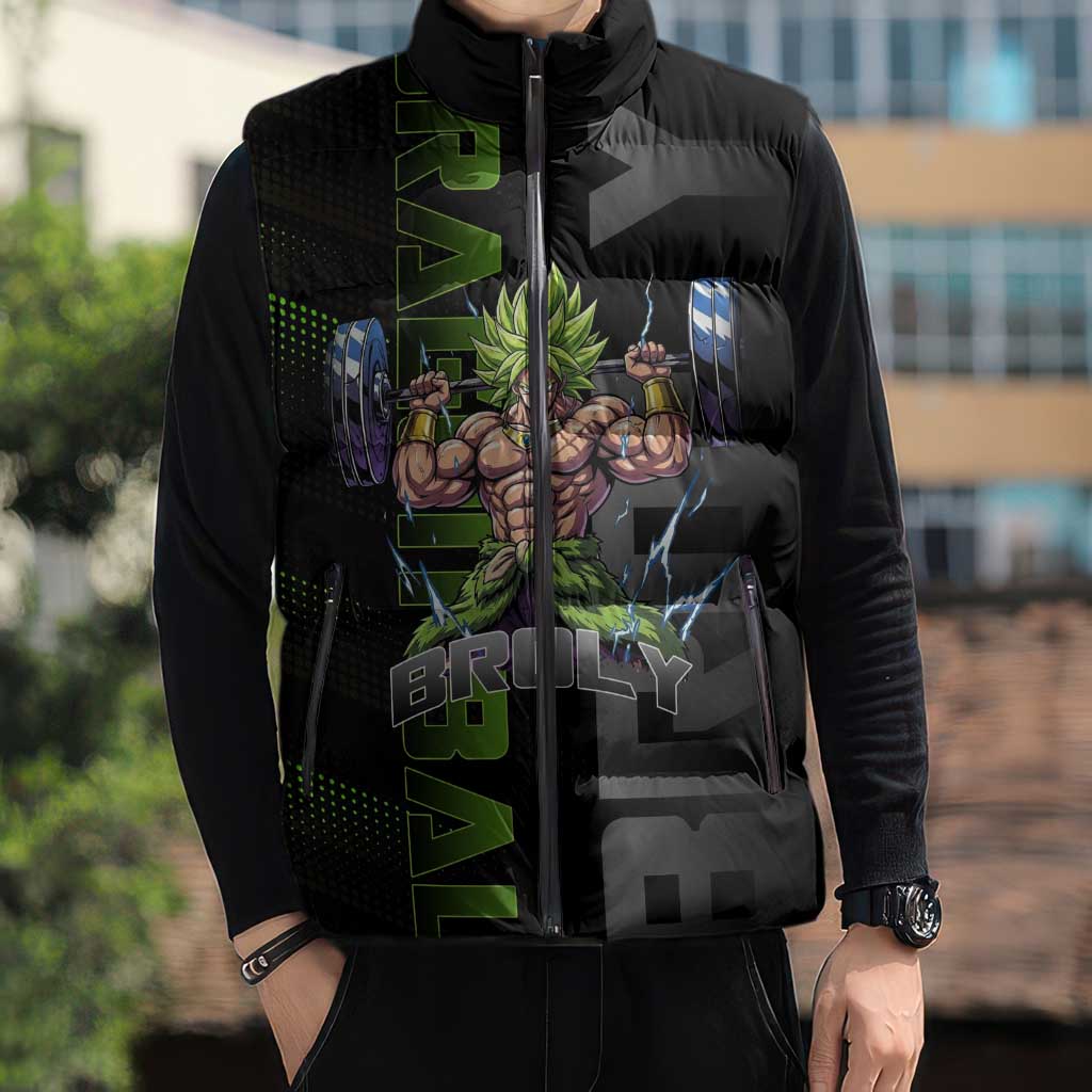 Broly Gym Theme Black and Green Design Sleeveless Puffer Jacket with Powerlifting Pose and Electrified Muscle Artwork - The Mazicc