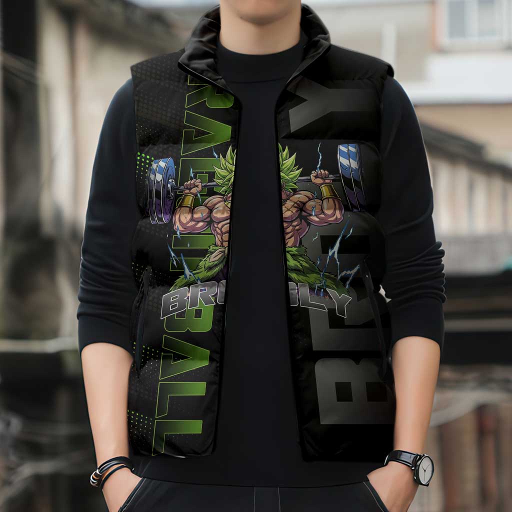 Broly Gym Theme Black and Green Design Sleeveless Puffer Jacket with Powerlifting Pose and Electrified Muscle Artwork - The Mazicc